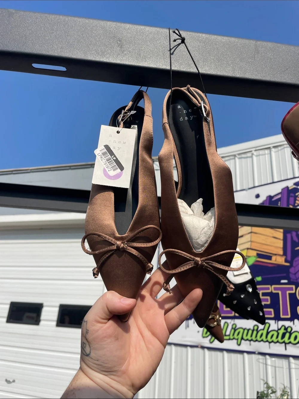 a new day Brown Satin Pointed-Toe Slingback Flats with Bow Accent